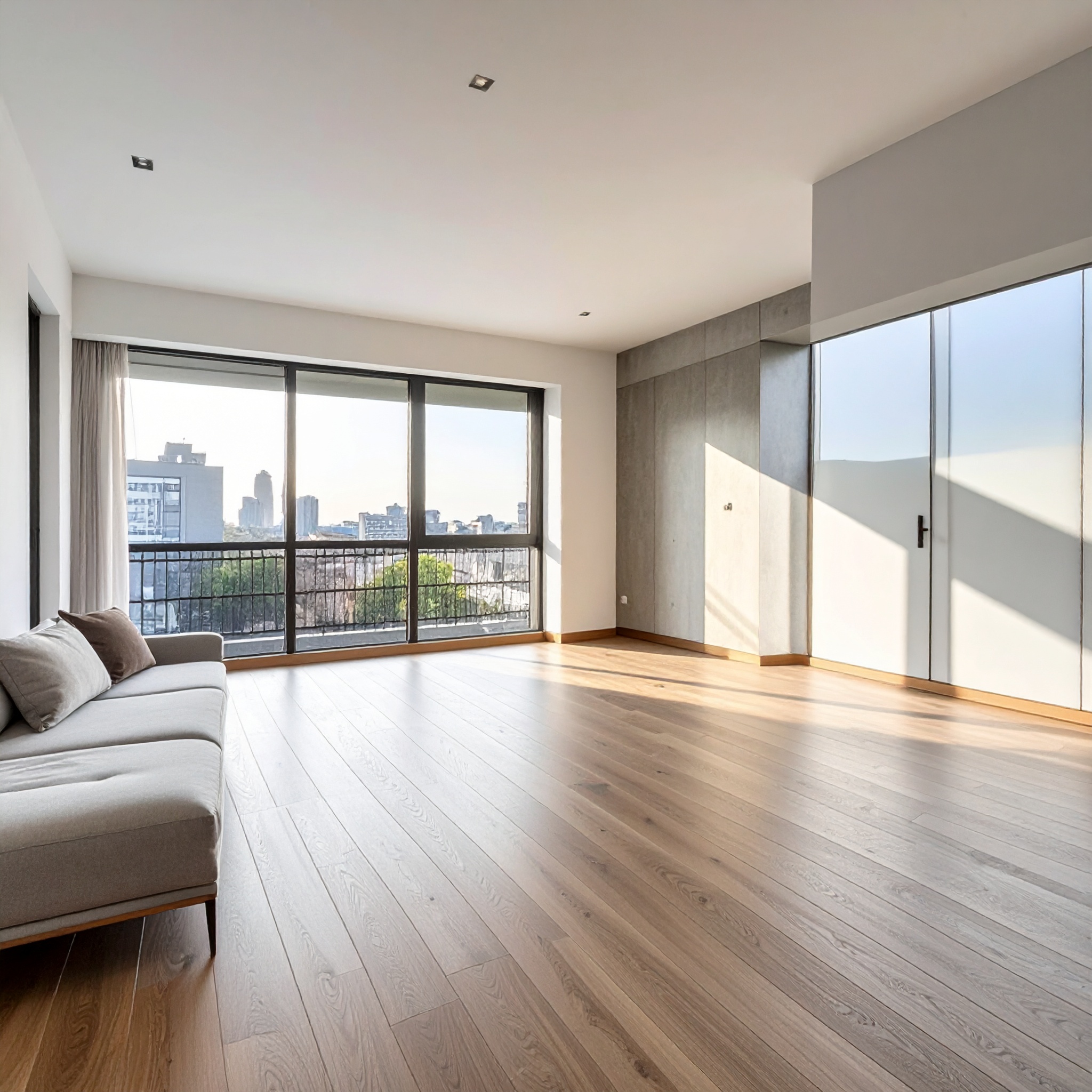 Lichte, pas opgeleverde woonkamer met houten vloer en groot raam met stadszicht